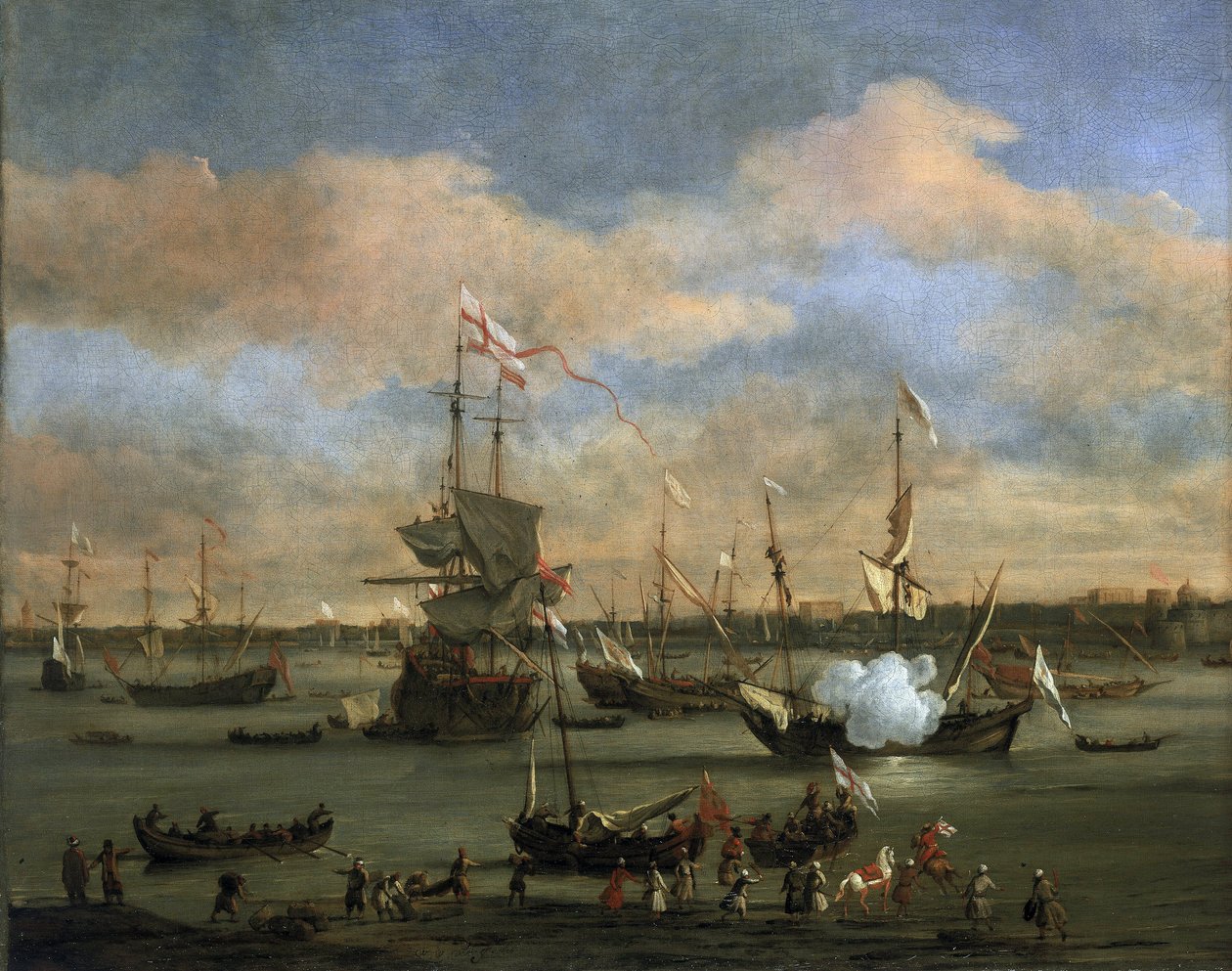 Brits handelsschip in een haven in de Middellandse Zee door Willem van de Velde the Younger