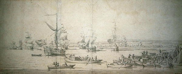 De aankomst van James, Hertog van York, op het Koninklijke Jacht in Chatham, om het eerste rang slagschip 