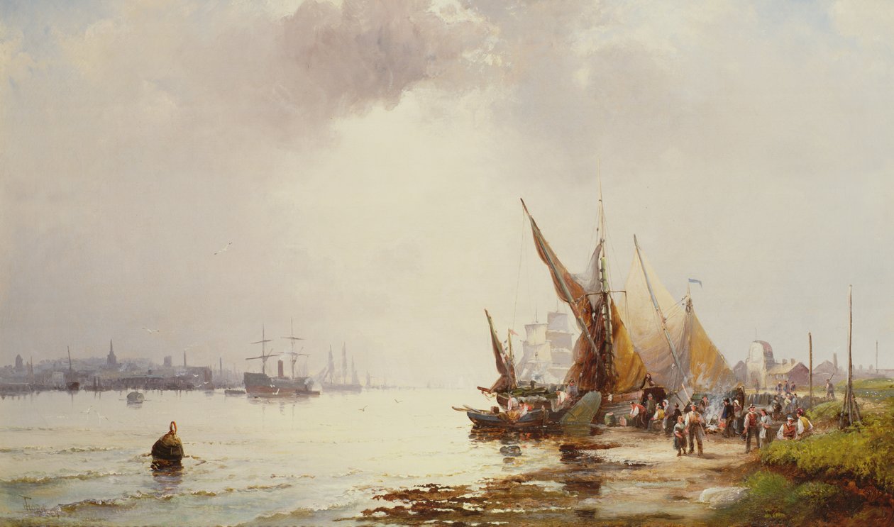 Vissersvolk aan de Oever in een Kalm Estuarium bij Dageraad door William Anslow Thornley