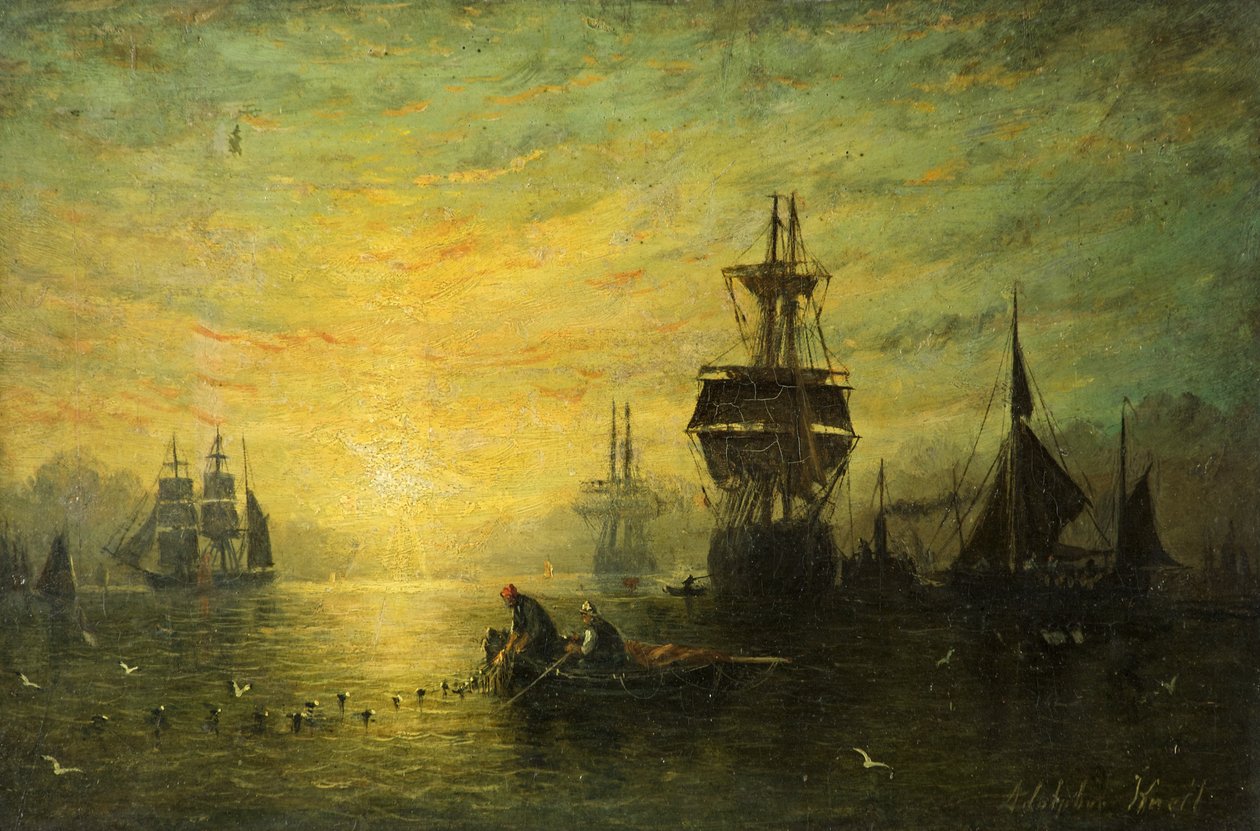Zonsondergang met Boten door William Adolphus Knell