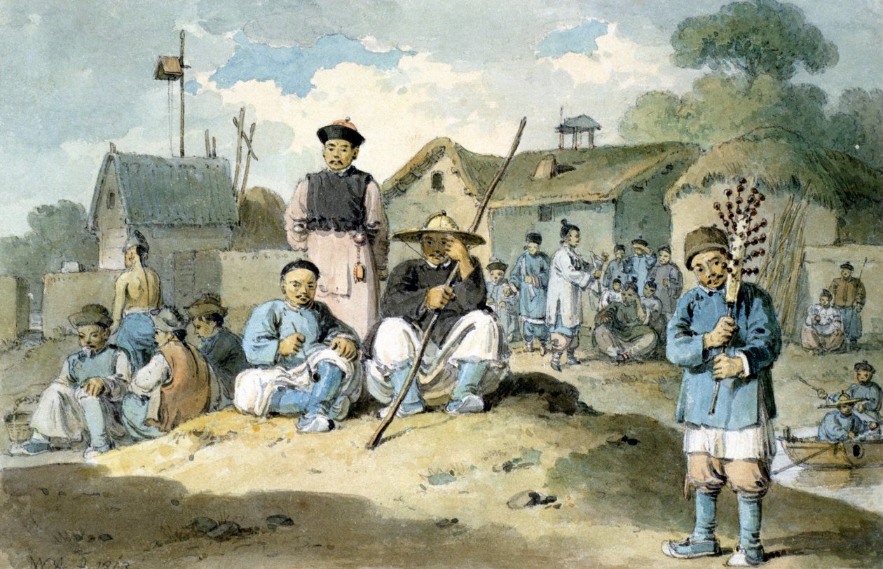 Een groep Chinezen aan de oever van een rivier, kijkend naar de voorbijgaande ambassade van Earl Macartney, 1793 door William Alexander