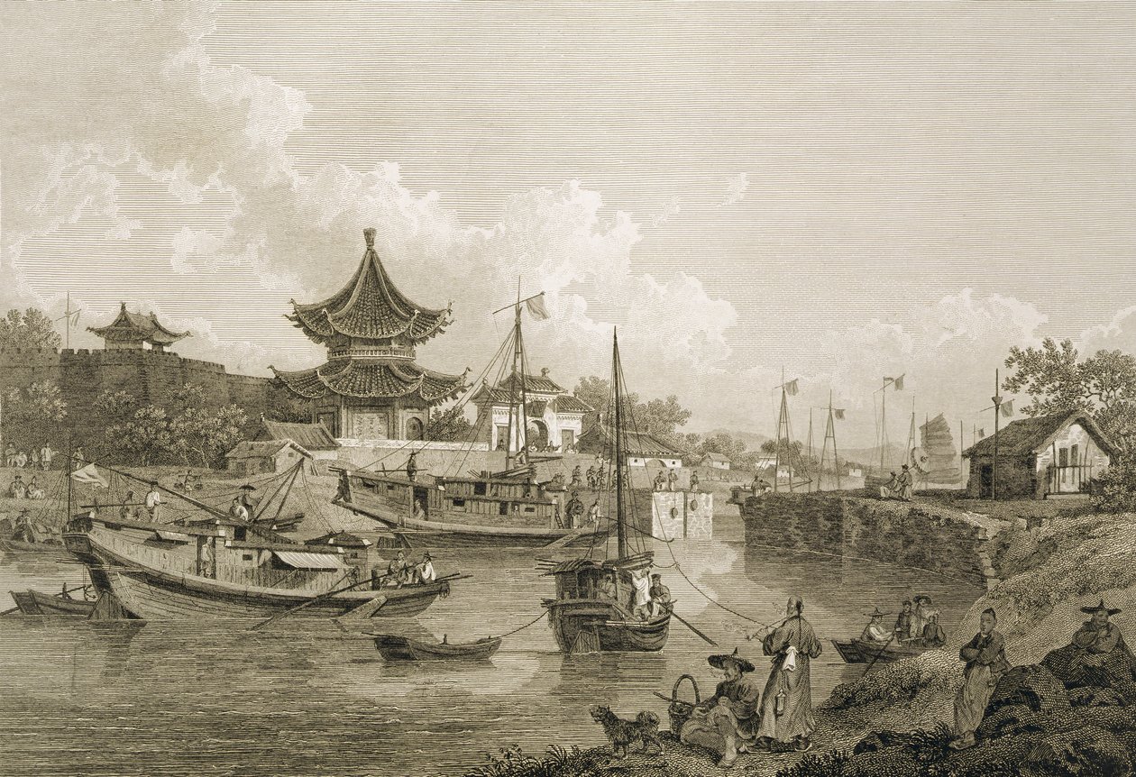 Chinese schuiten van de ambassade die door een sluis van het Grote Kanaal varen, gegraveerd door Benjamin Thomas Pouncy, gepubliceerd door G. Nicol, 1796 door William Alexander
