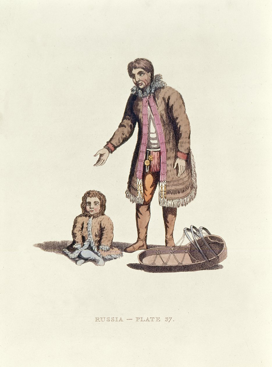 Samojedische vrouw met haar baby en een wieg uit Kleding van de Russen, 1814 door William Alexander