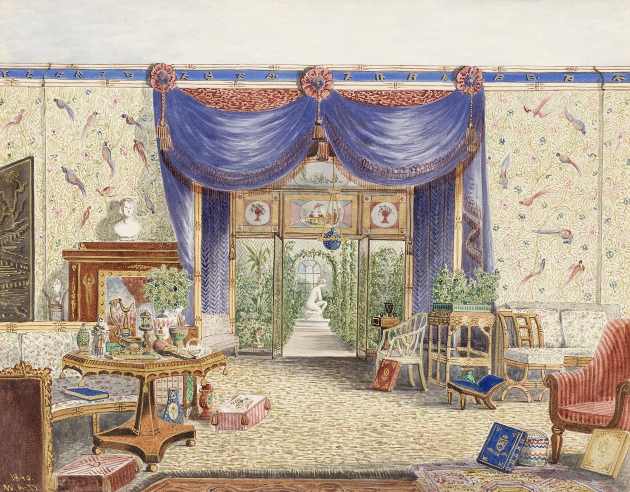 Het interieur van de Chinese kamer, kijkend naar de kas, Middleton Park, Oxfordshire door William Alfred Delamotte