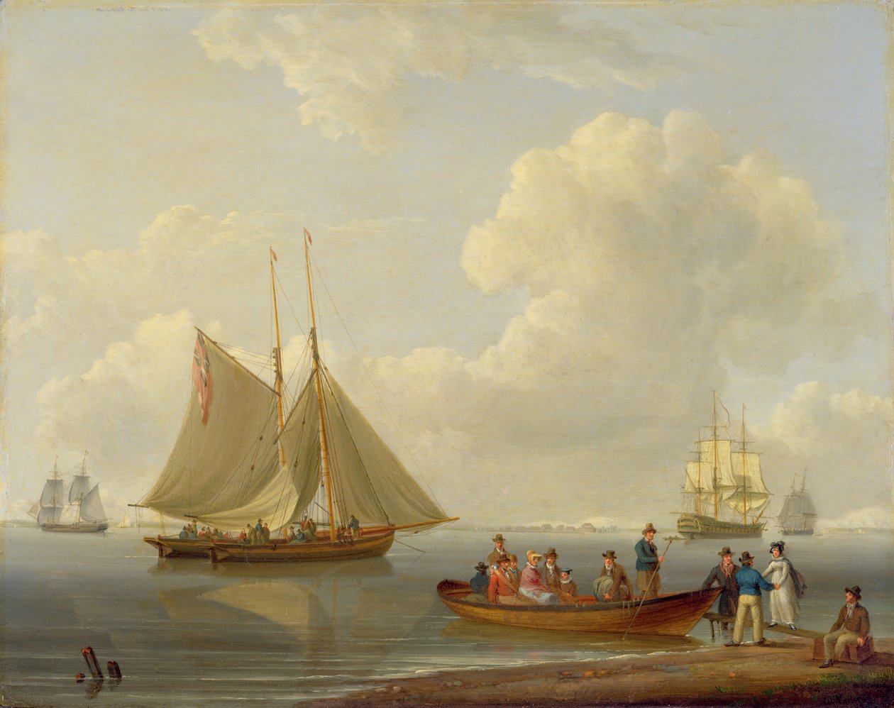 Een veerboot die passagiers naar twee voor anker liggende schepen brengt, 1825 door William Anderson
