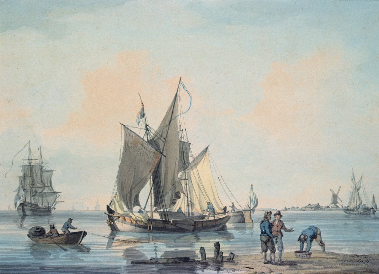 Kustscène, met schepen en figuren door William Anderson