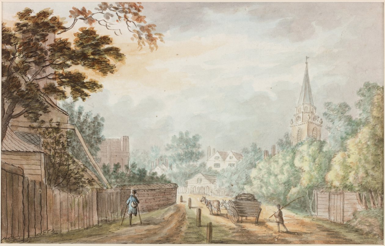 Een uitzicht in de laan nabij Battersea Fields door William Beilby