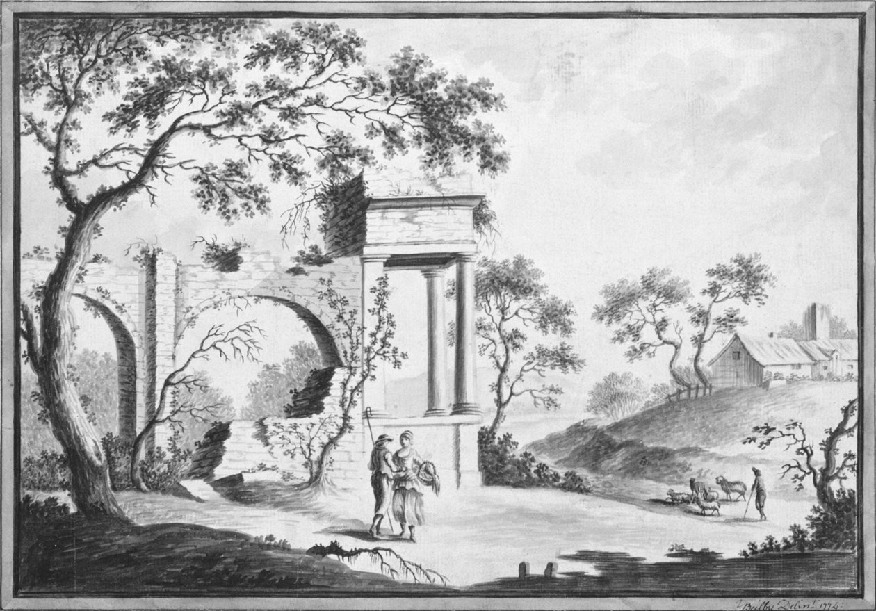 Italiaans landschap met klassieke ruïnes en herders door William Beilby