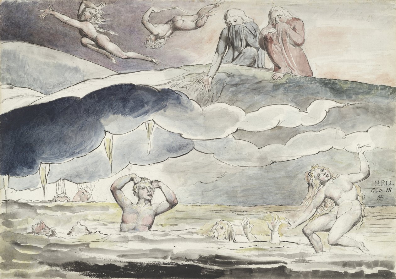 Dante en Virgil kijken in de greppel van vleiers, illustratie bij de "Goddelijke Komedie" door Dante Alighieri, 1824-27 door William Blake