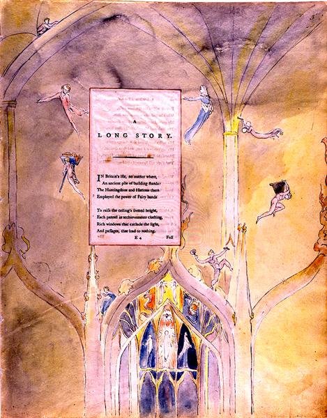 Een Lang Verhaal, Een Oud Gebouw dat de Kracht van Feeënhanden Gebruikte, uit De Gedichten van Thomas Gray, 1797-98 door William Blake
