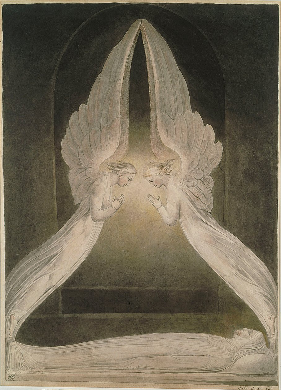 Christus in het graf, bewaakt door engelen door William Blake