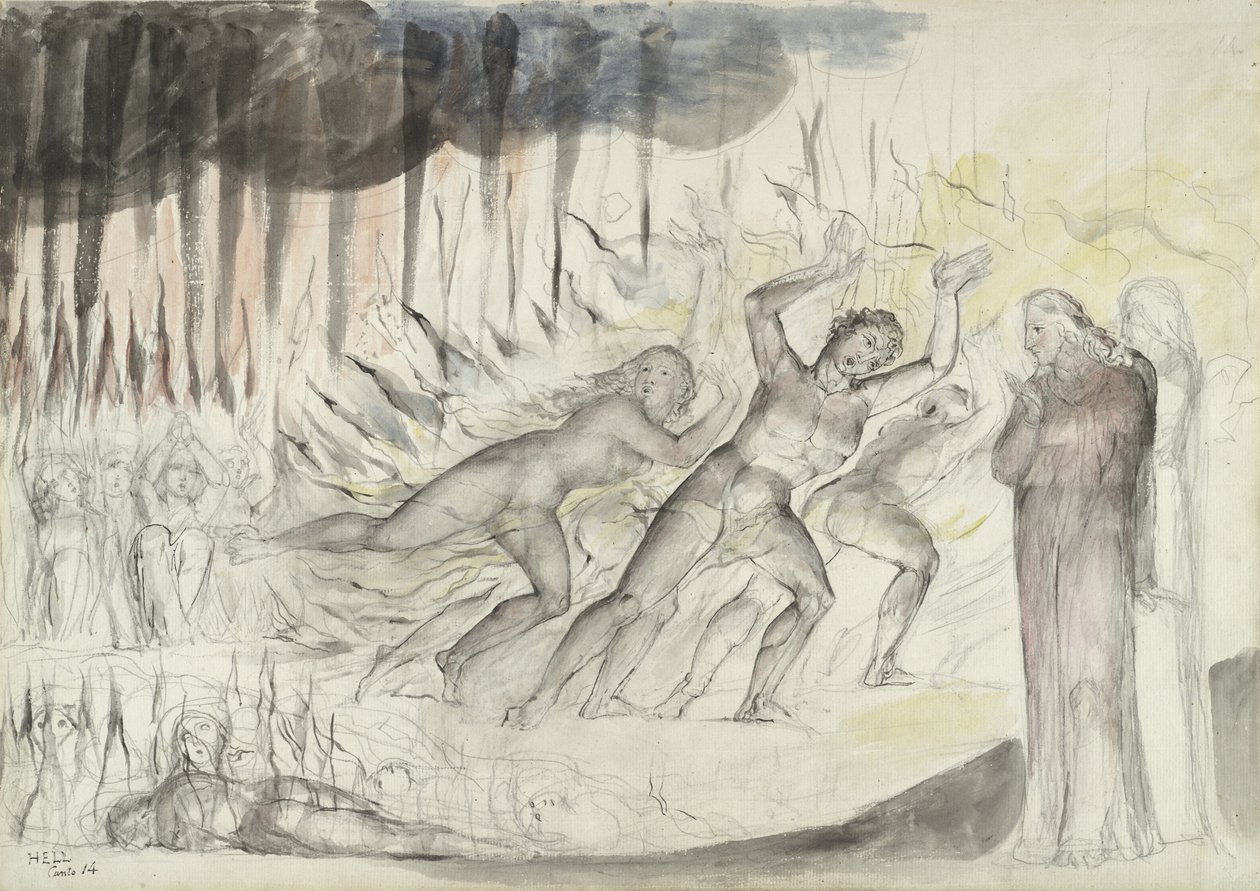 Dante en Vergilius onder de Godslasteraars, illustratie bij de Goddelijke Komedie van Dante Alighieri, 1824-27 door William Blake