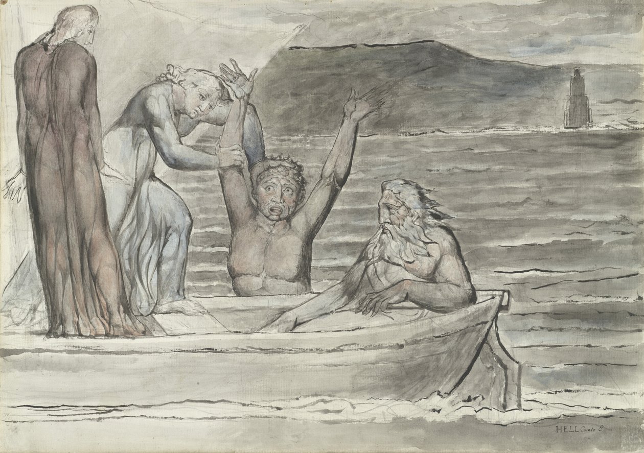 Dante en Vergilius in de Skiff van Phlegyas worden begroet door Filippo Argenti, illustratie bij de Goddelijke Komedie van Dante Alighieri, 1824-27 door William Blake