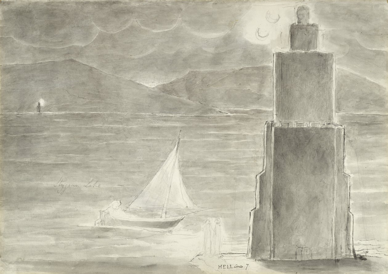 Dante en Vergilius aan de Rand van het Stygische Meer, illustratie bij de Goddelijke Komedie van Dante Alighieri, 1824-27 door William Blake