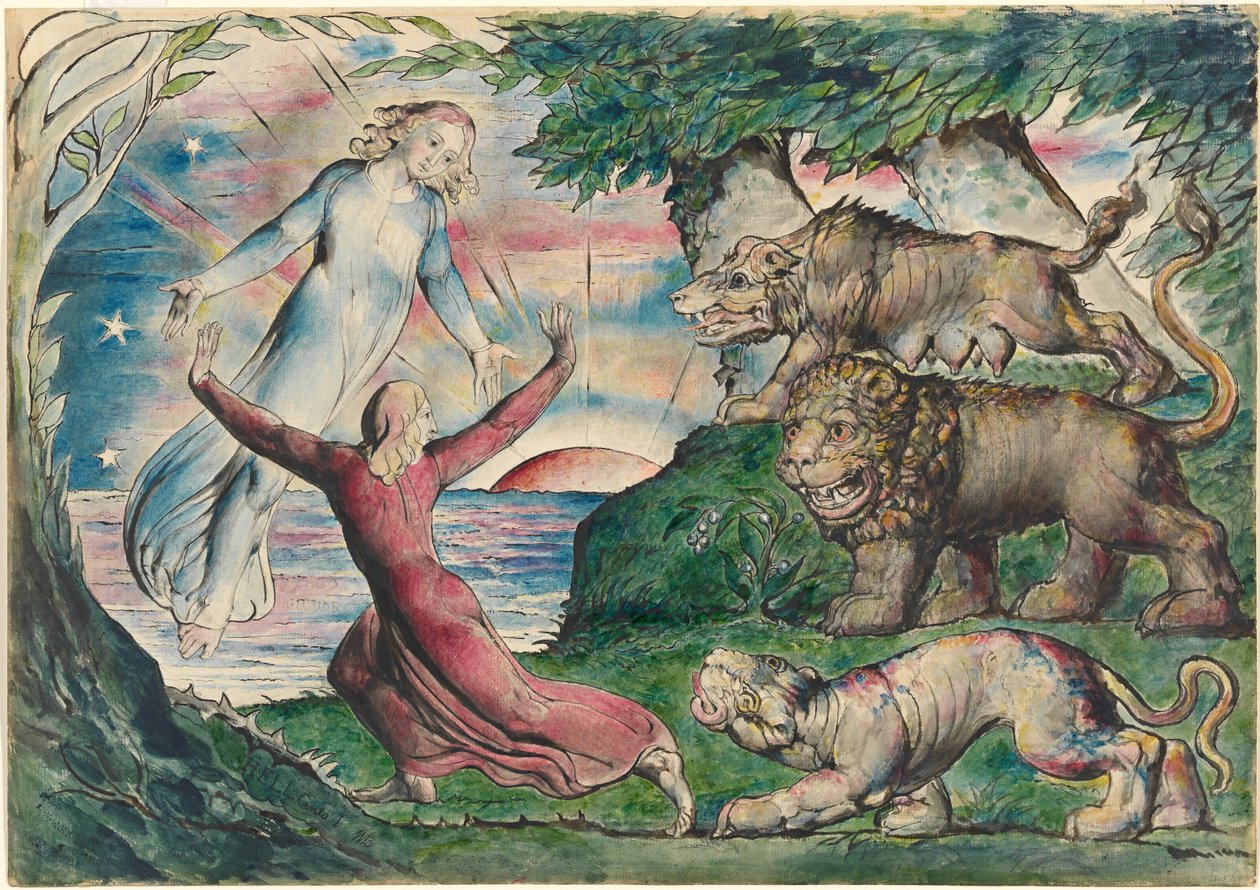 Dante vlucht voor de drie beesten door William Blake