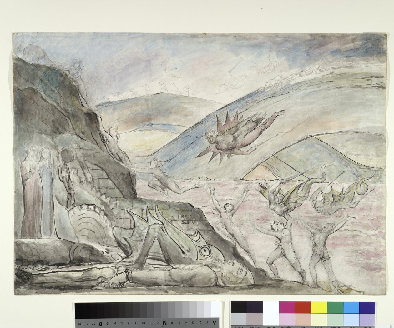 Demonen kwellen de verleiders van Malebolge, illustratie bij de Goddelijke Komedie van Dante Alighieri, 1824-27 door William Blake