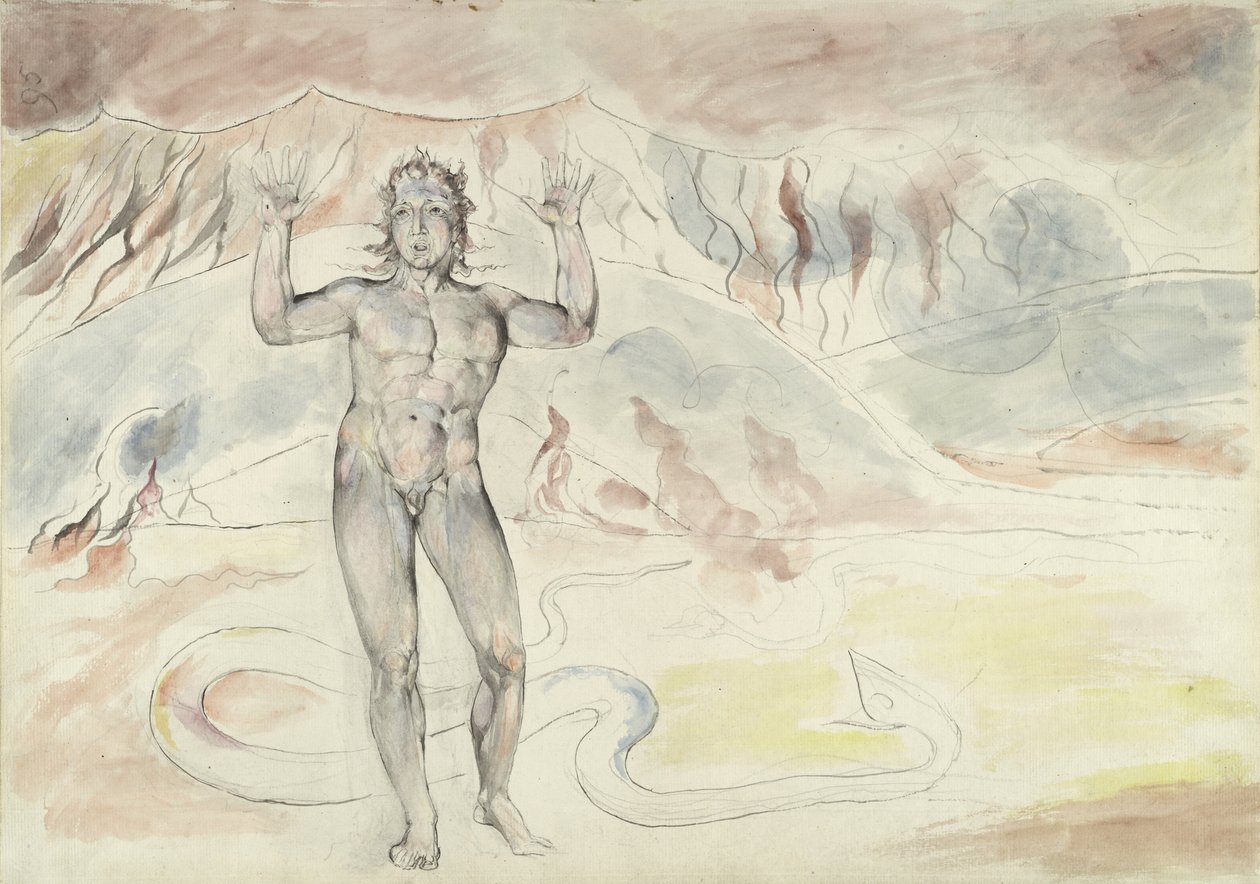 Donati verandert in een slang; Francesco de Cavalcanti verandert terug in een man, illustratie bij de Goddelijke Komedie van Dante Alighieri, 1824-27 door William Blake