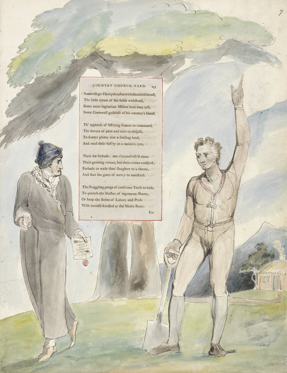 Elegie geschreven in een Landelijke Kerkhof, ontwerp 111 uit De Gedichten van Thomas Gray, 1797-98 door William Blake