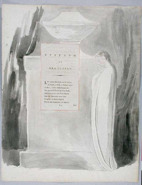 Grafschrift voor Mevrouw Clarke, ontwerp 103 uit De Gedichten van Thomas Gray, 1797-98 door William Blake