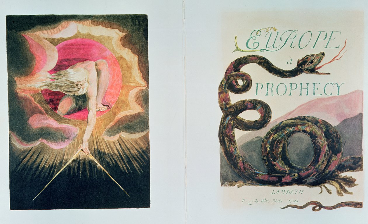 Europa een Profetie; Van links naar rechts frontispice en titelpagina; God Schept het Universum (De Schepping van de Materiële Wereld door Jehovah in de gedaante van Urizen, de belichaming van onvoorstelbare rede) door William Blake