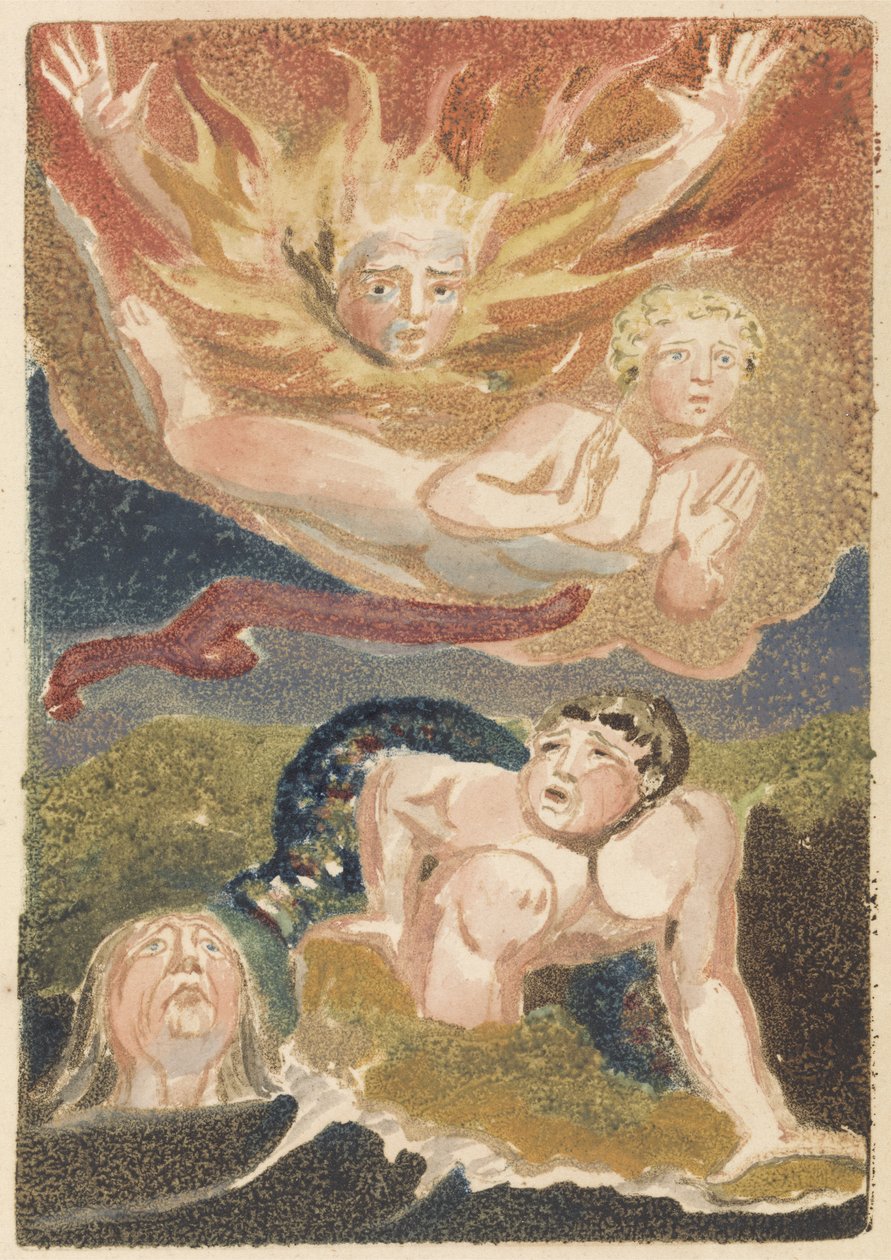 Vier naakte mannen die uit hun elementen komen: vlammen, lucht, zee en groene aarde, plaat 22 uit Het Eerste Boek van Urizen, 1794 door William Blake