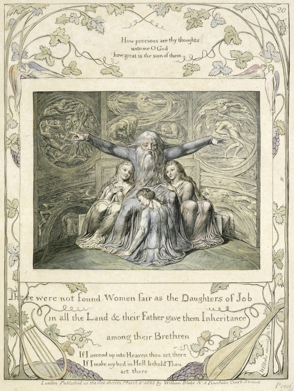 Job en zijn Dochters (pl.20) uit het Boek van Job, ca. 1793 (handgekleurde lijn gravure) door William Blake