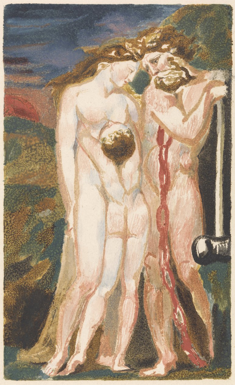Naakte vrouw die naar een jongen kijkt en naar rechts, een bebaarde man leunend op een hamer, plaat 18 uit Het Eerste Boek van Urizen, 1794 door William Blake