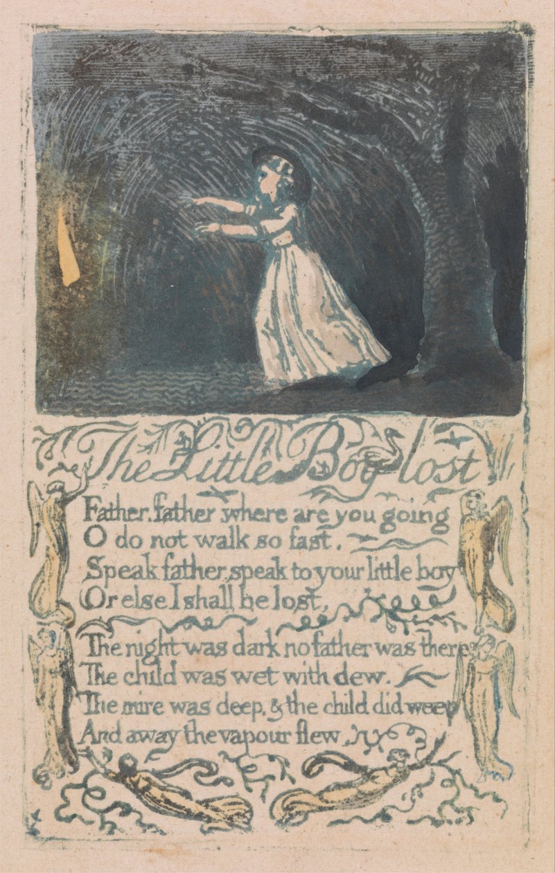 Liederen van onschuld en ervaring, plaat 16, de verloren kleine jongen (Bentley 13) door William Blake