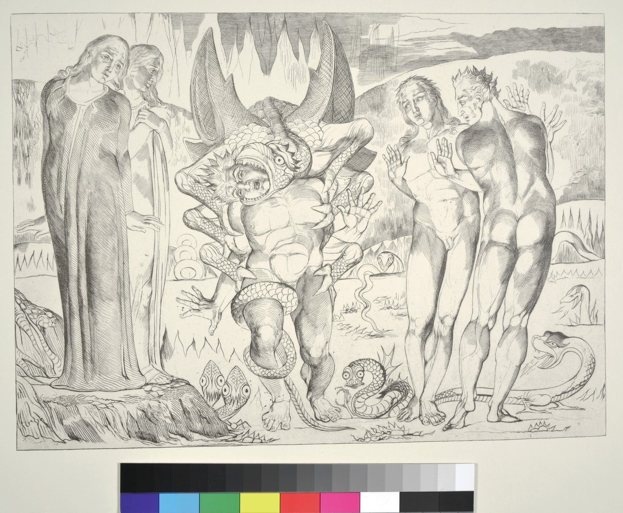 De cirkel van de dieven: Agnolo Brunelleschi aangevallen door een zesvoetige slang, Inferno, Canto XXV, illustratie bij de 