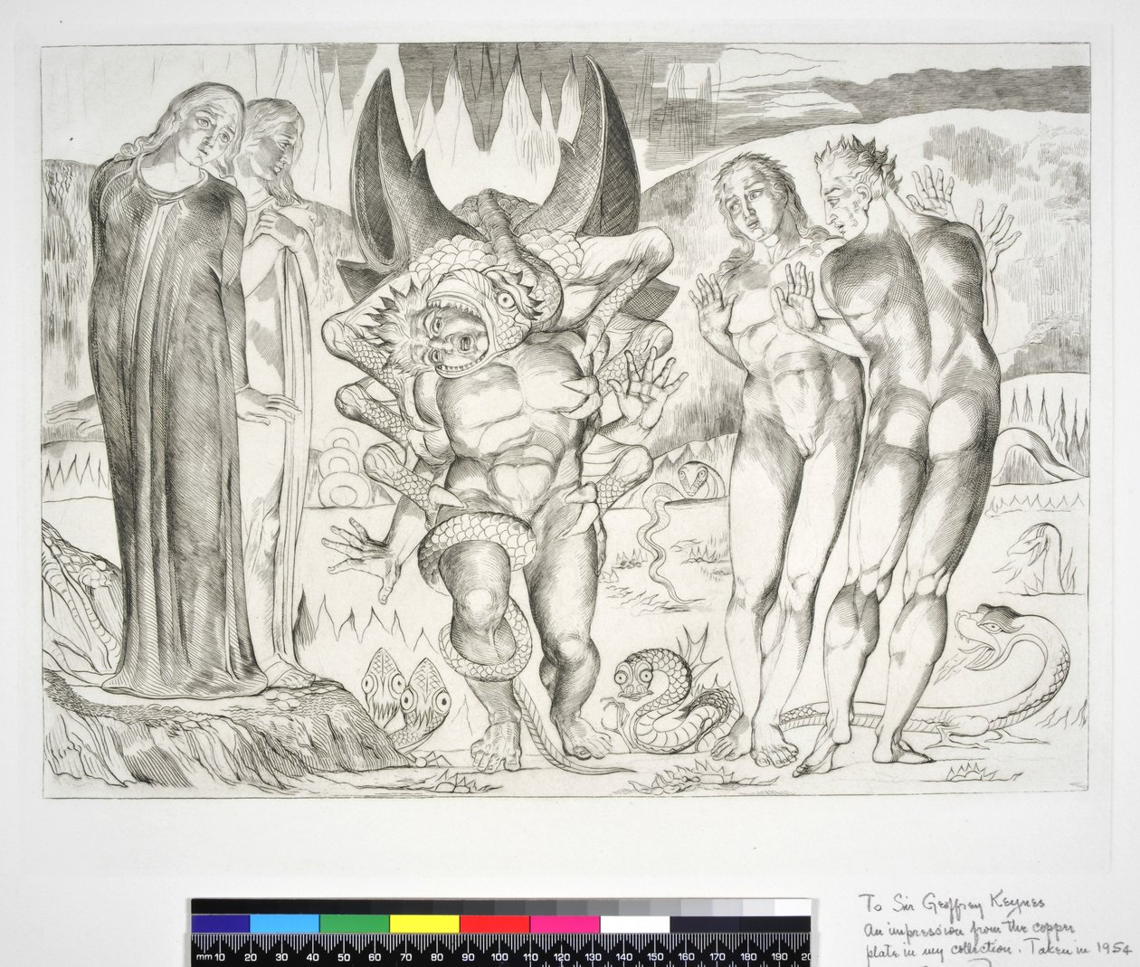 De kring van de dieven: Agnolo Brunelleschi aangevallen door een zesvoetige slang Inferno, Canto XXV, illustratie bij de 