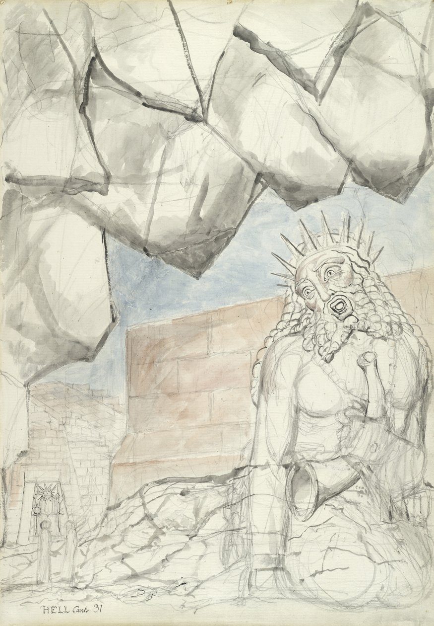 De Klacht van de Reus Nimrod, illustratie bij de Goddelijke Komedie van Dante Alighieri, 1824-27 door William Blake