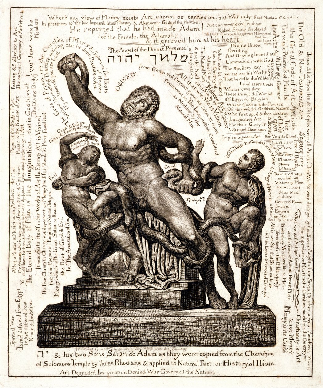 De Laocoön als Jehovah met Satan en Adam (lijngravure) door William Blake