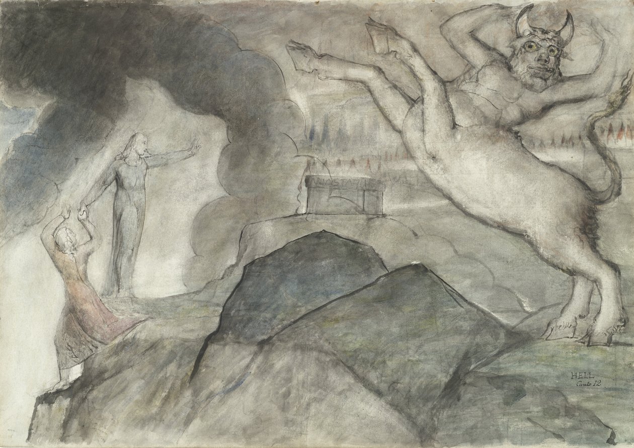De Minotaurus, illustratie bij de Goddelijke Komedie van Dante Alighieri, 1824-27 door William Blake