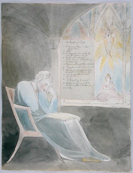 De vooruitgang van de poëzie, ontwerp 42 uit De Gedichten van Thomas Gray, 1797-98 door William Blake