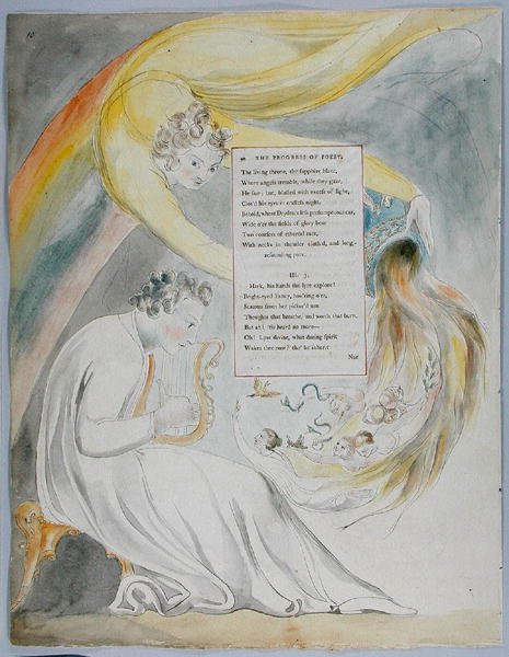 De vooruitgang van de poëzie, ontwerp 50 uit De Gedichten van Thomas Gray, 1797-98 door William Blake