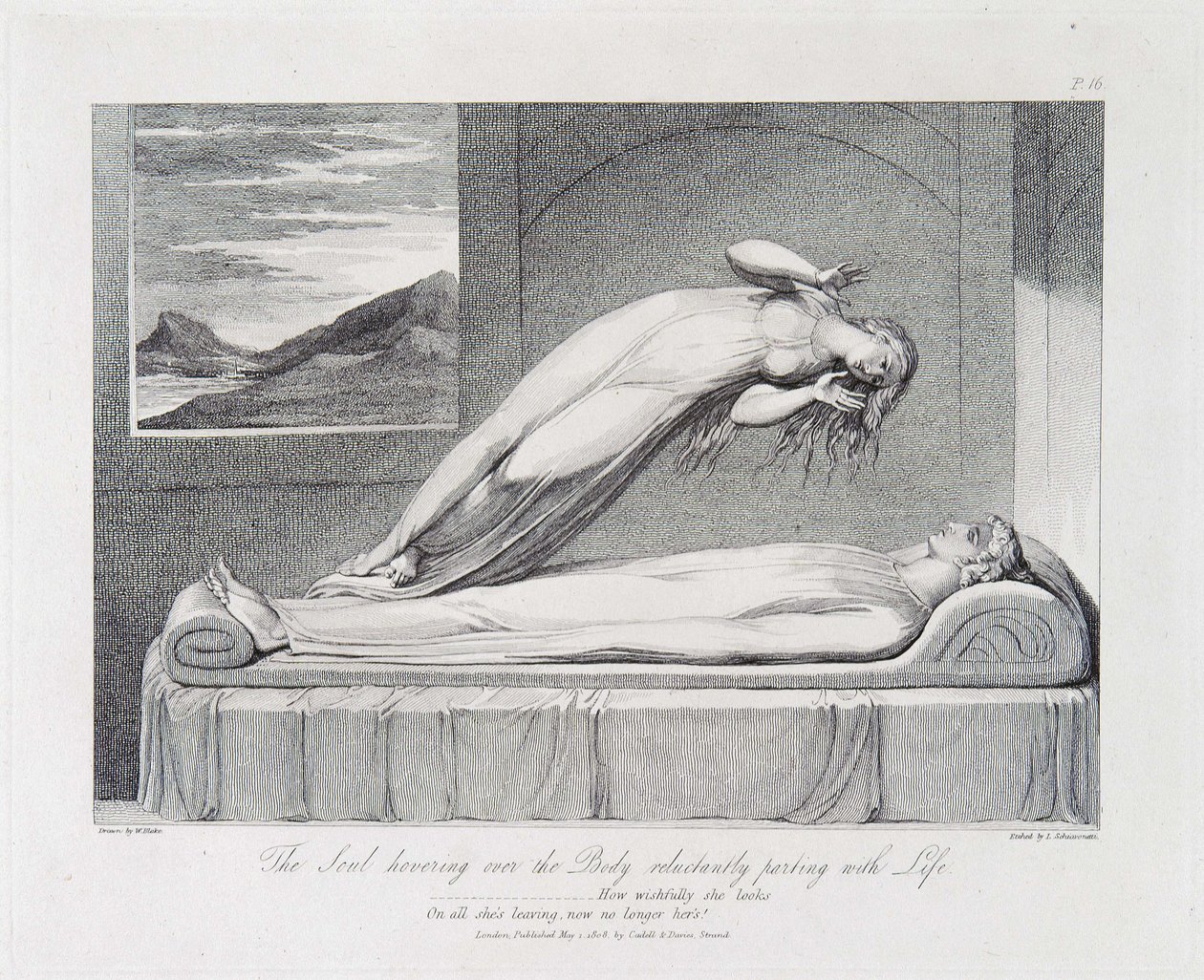 De ziel zweeft boven het lichaam dat met tegenzin afscheid neemt van het leven door William Blake