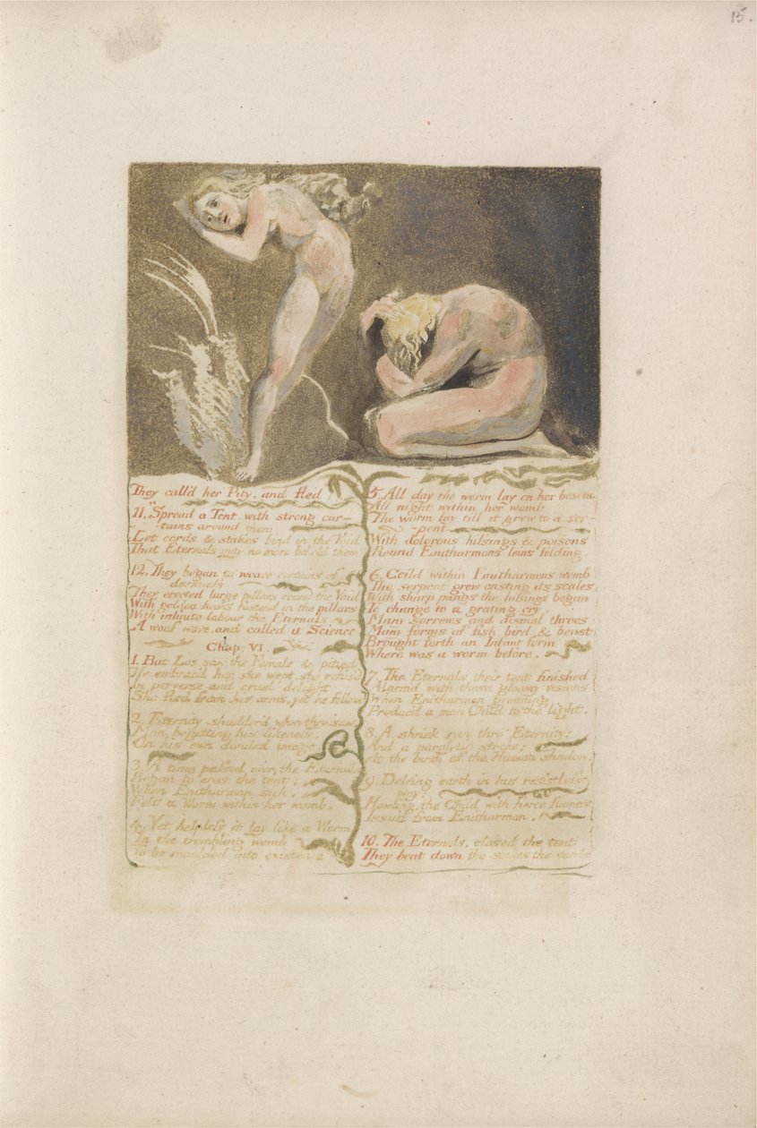Ze noemden haar Medelijden en vluchtten..., plaat 19 uit Het Eerste Boek van Urizen, 1794 door William Blake