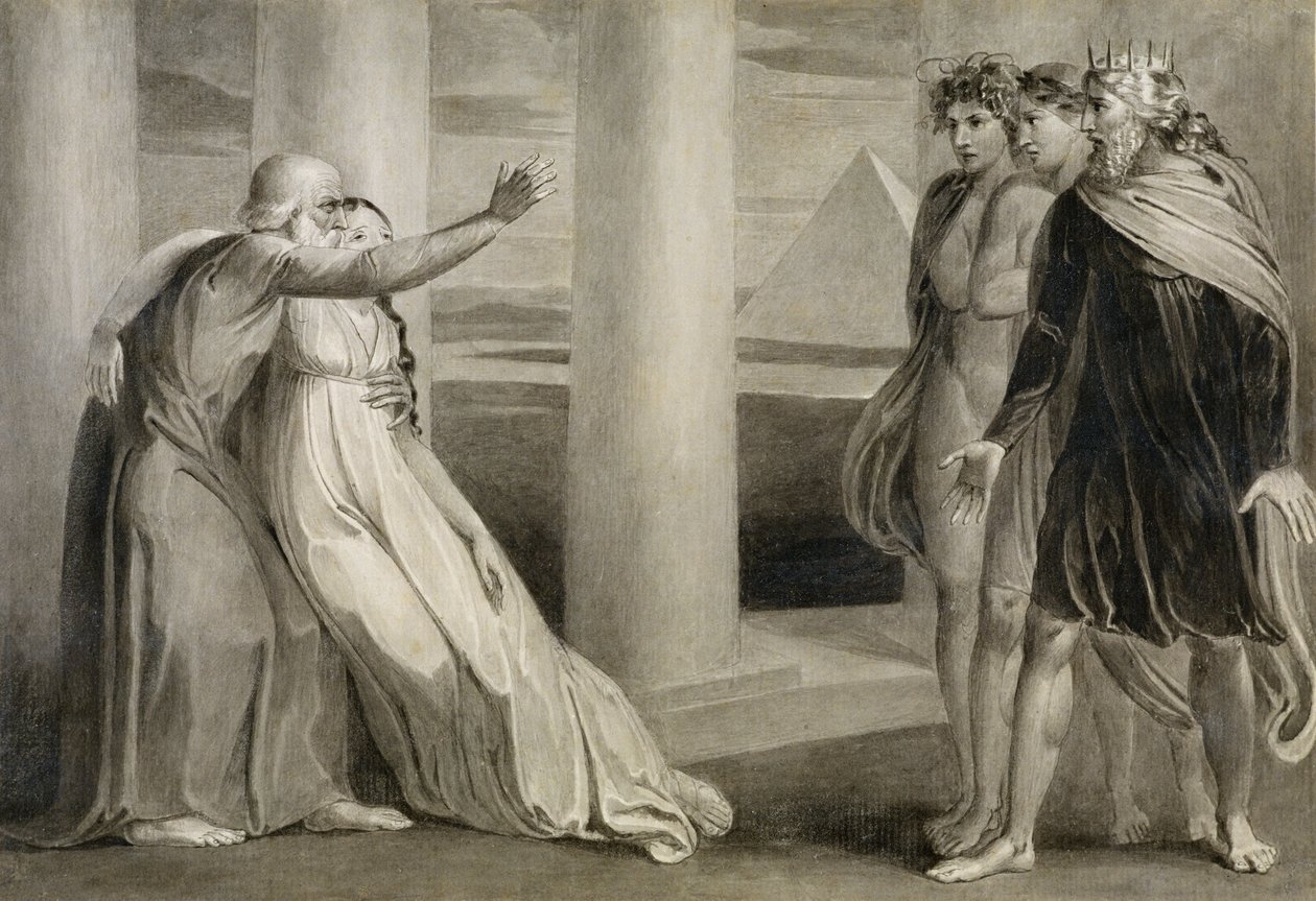 Tiriel ondersteunt de stervende Myratana en vervloekt zijn zonen, 1786-89 door William Blake