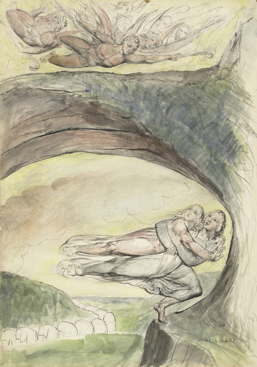 Vergilius redt Dante van de boze demonen, illustratie bij de Goddelijke Komedie van Dante Alighieri, 1824-27 door William Blake