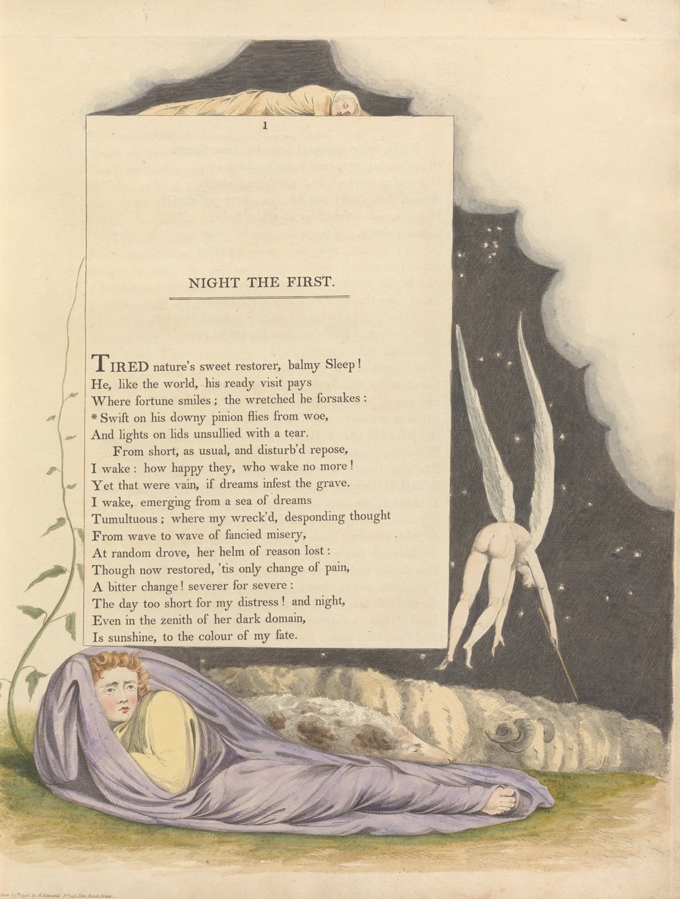Youngs Night Thoughts, Pagina 1, Snel op Zijn Zachte Vleugel Vliegt van Verdriet door William Blake