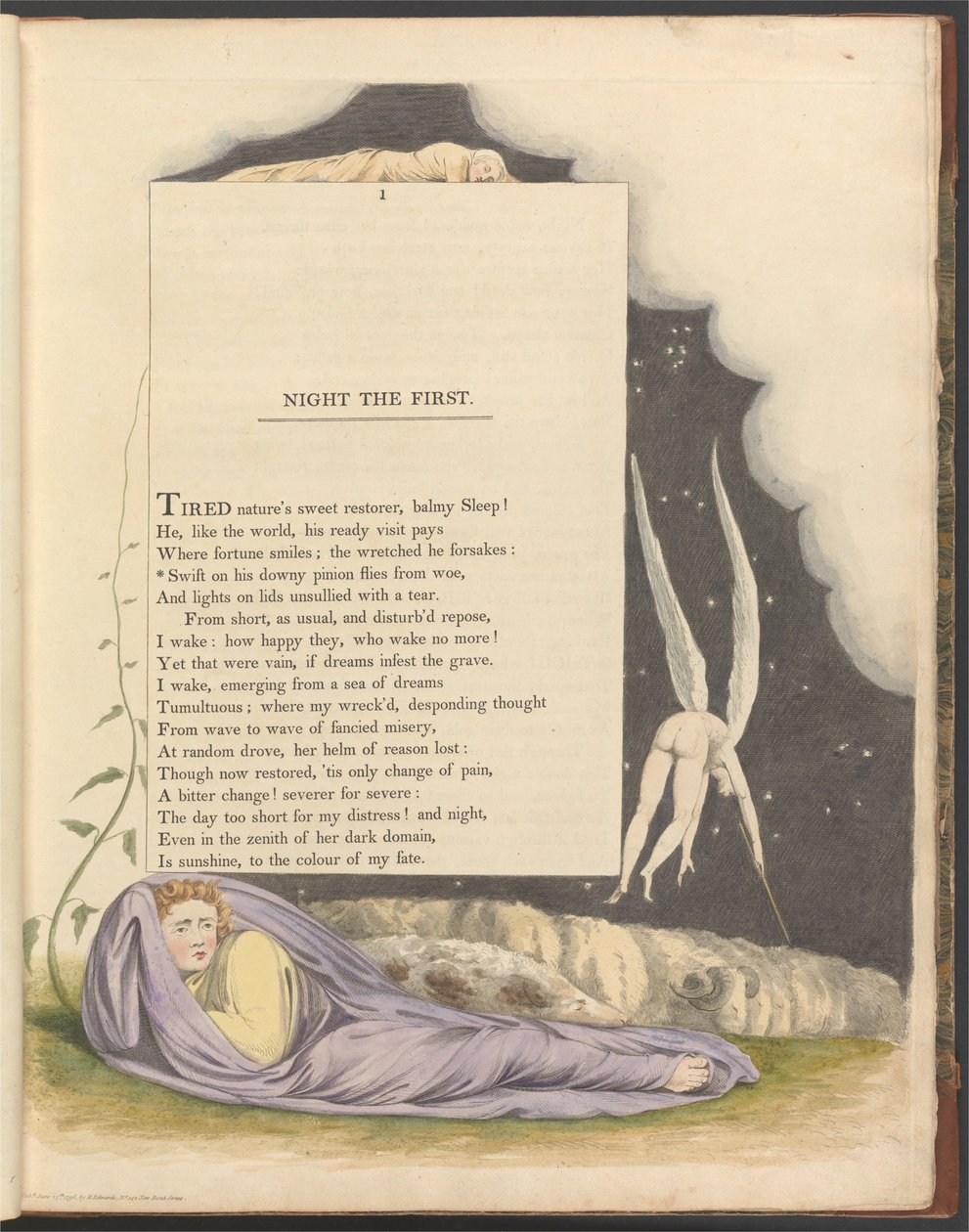 Youngs Nachtgedachten, Pagina 1, Swift op Zijn Donzige Vleugel Vliegt van Verdriet door William Blake