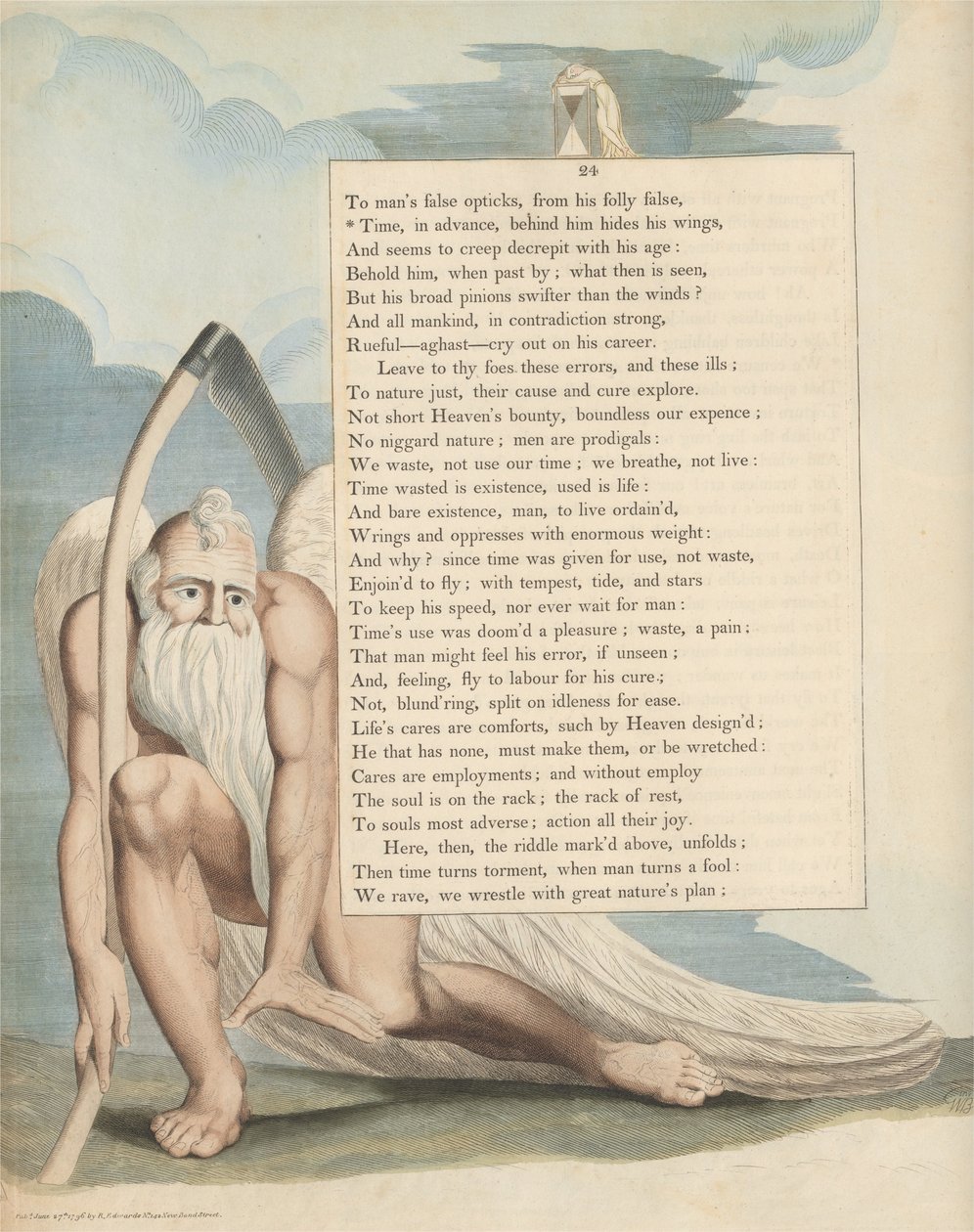Youngs Night Thoughts, Pagina 24, Tijd, vooruit, verbergt Zijn Vleugels achter Zich door William Blake
