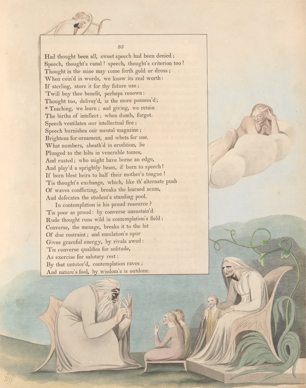 Youngs Nachtgedachten, Pagina 35, Onderwijzend, Leren We; en Gevend, Behouden We door William Blake