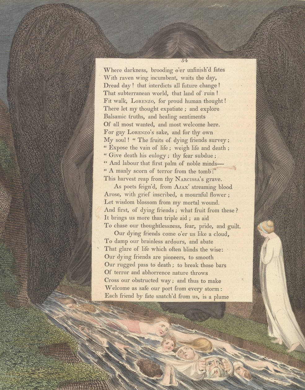 Youngs Night Thoughts, Pagina 54, De vallei van de dood! die gedempte cimmerische vallei door William Blake