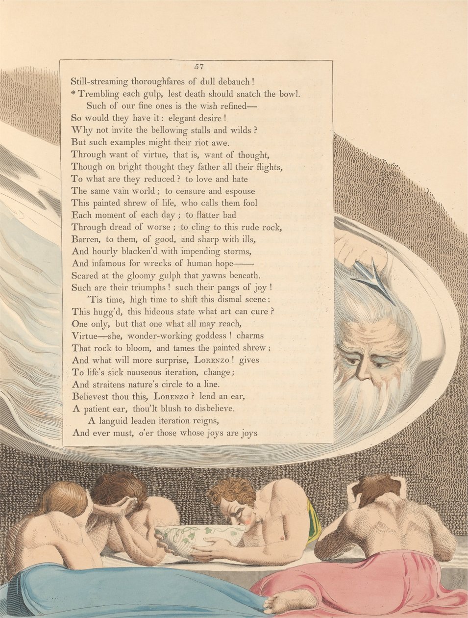 Youngs Nachtgedachten, Pagina 57, Bevend Elke Slok, Bang Dat de Dood de Kom Zal Grijpen door William Blake
