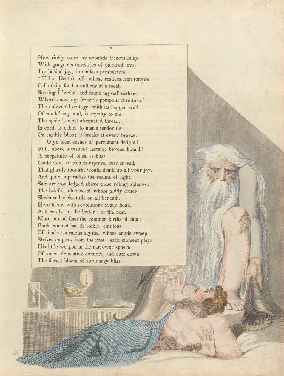 Youngs Night Thoughts, Pagina 7, Tot bij de Doodsklok, wiens rusteloze ijzeren tong door William Blake