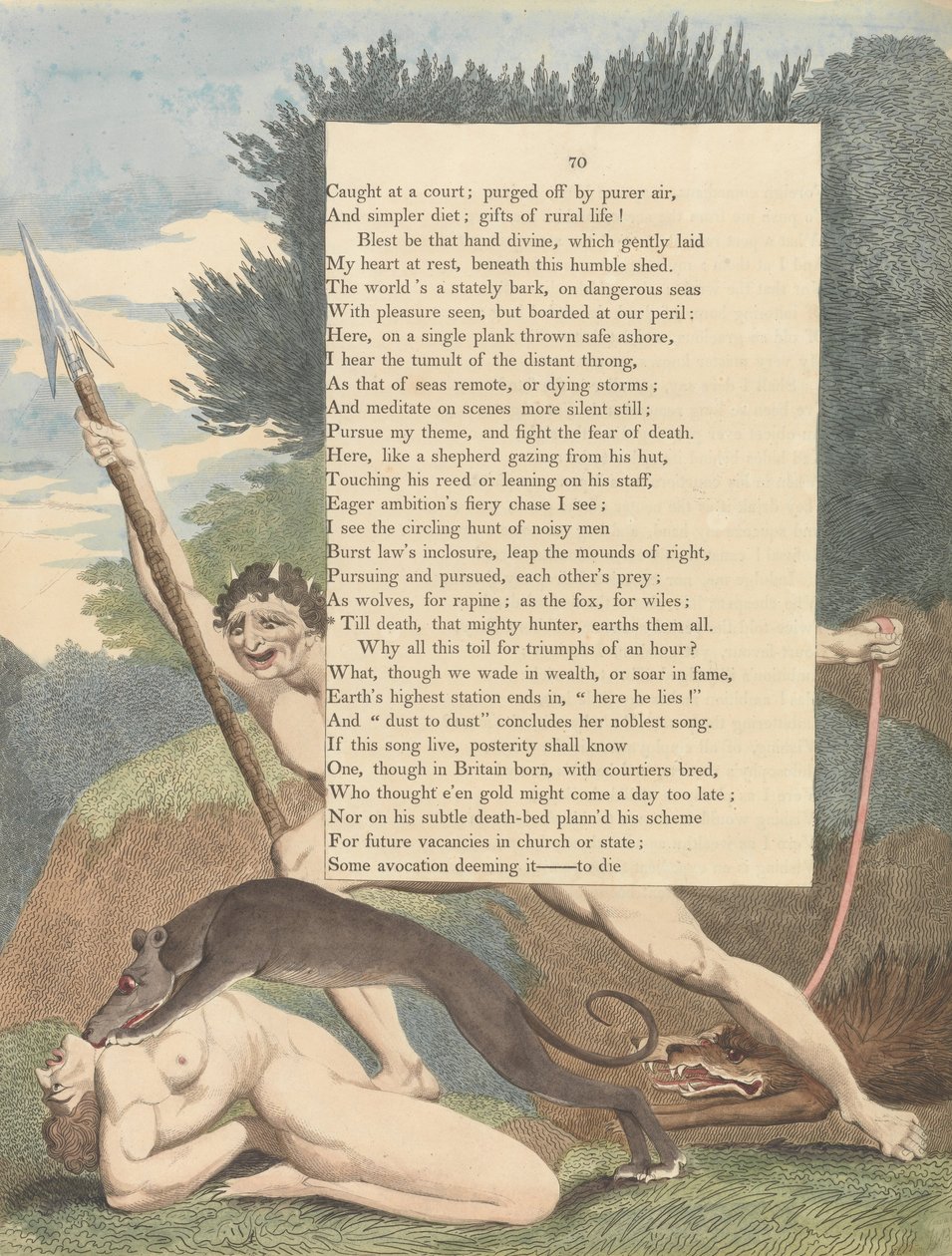 Youngs Night Thoughts, Pagina 70, Tot de dood, die machtige jager, hen allen op aarde brengt door William Blake