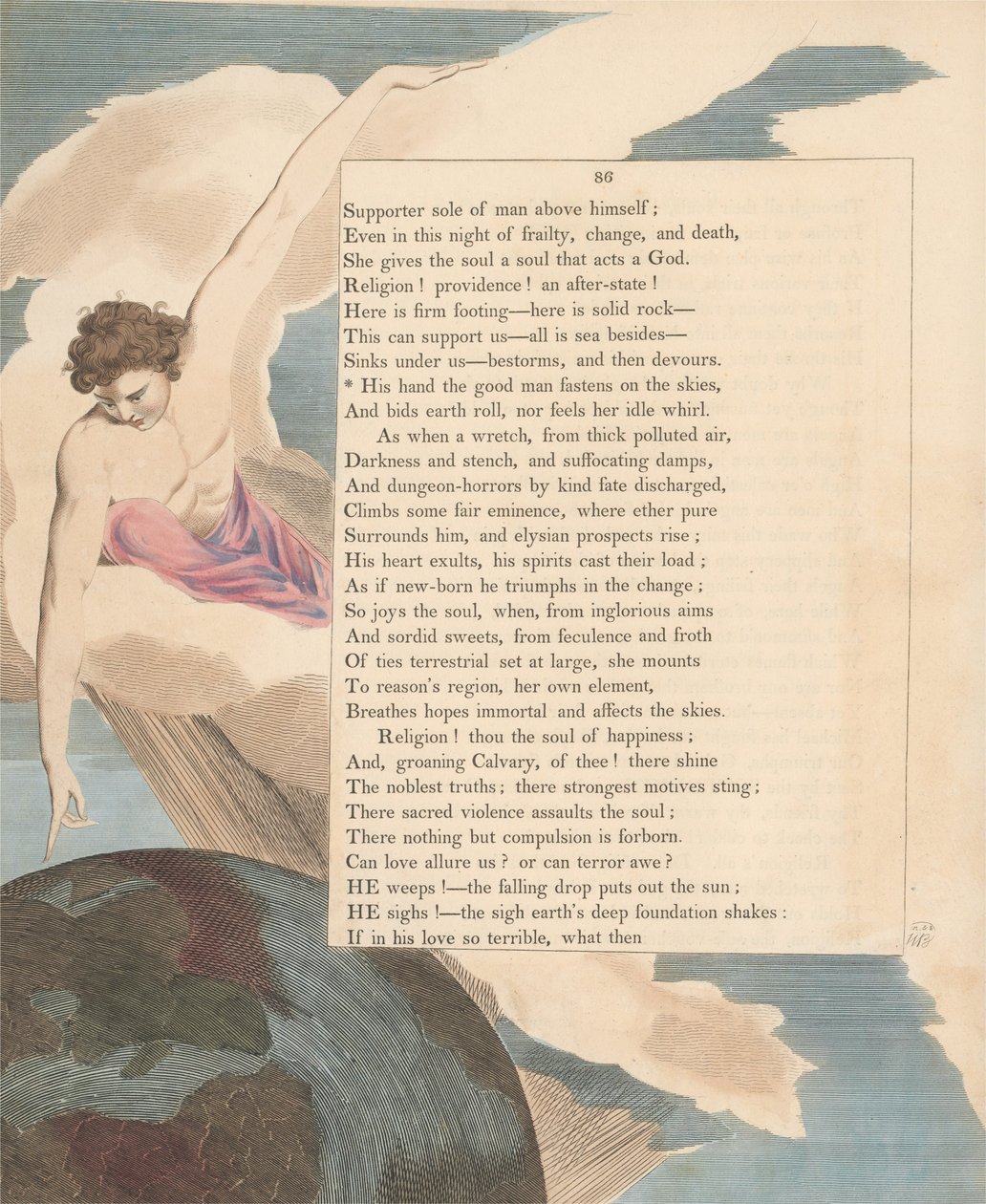 Youngs Nachtgedachten, Pagina 86, Zijn Hand de Goede Man Hecht aan de Hemel door William Blake