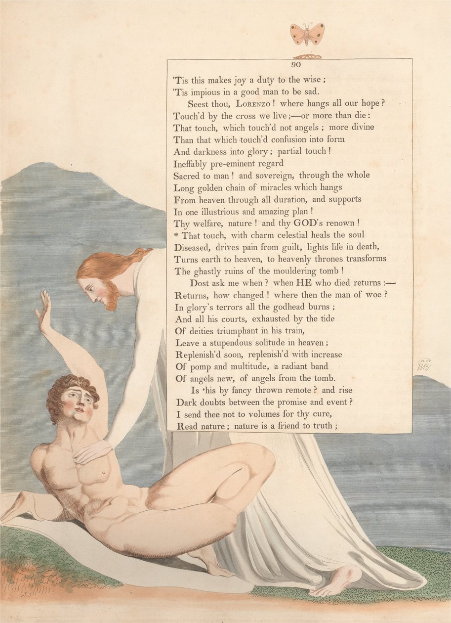 Youngs Nachtgedachten, Pagina 90, Die Aanraking, met Hemelse Betovering Geneest de Ziel door William Blake