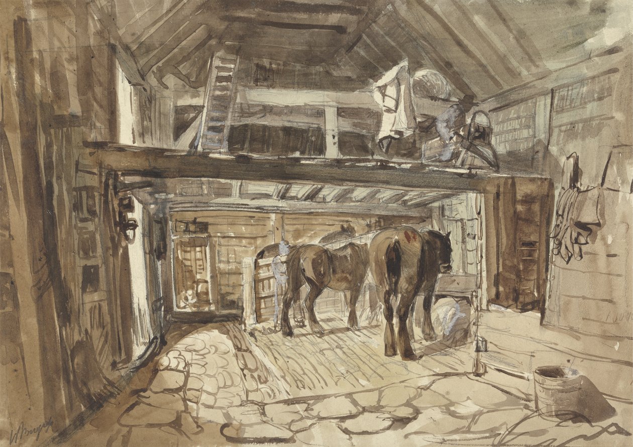 Interieur van een stal, met twee paarden die eten door Henry William Burgess